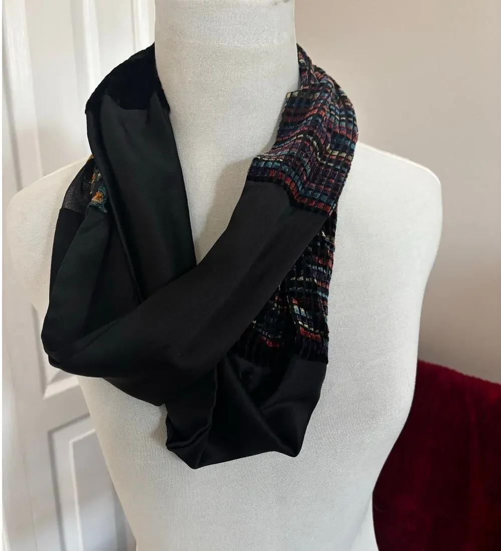 EUC Infinity Scarf, unique artisanal style, multi-color textile artistry 58 inch